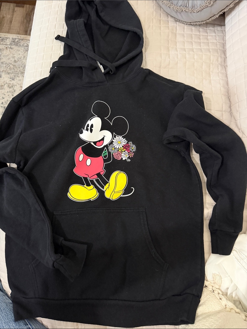 Disney Black Zip-Up Hoodie with Mickey Mouse Graphic and Yellow Shoes